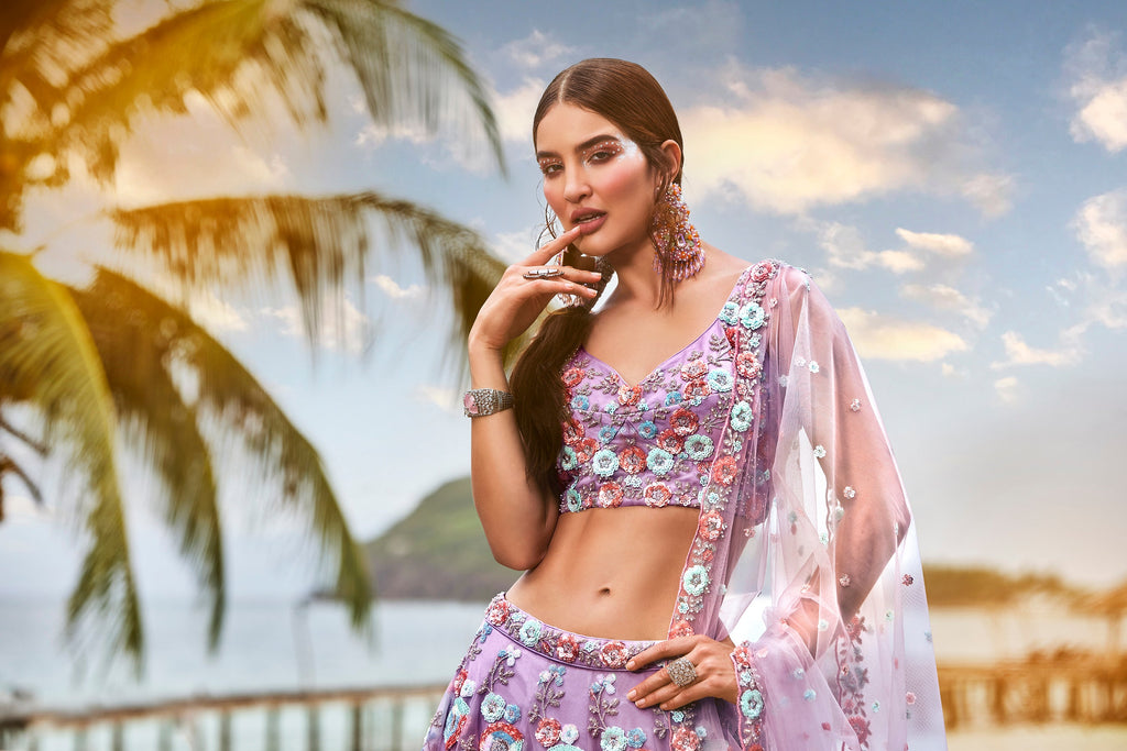 House of Panchhi Mauve Net Sequins & Zarkan Embroidery Lehenga Choli & Dupatta | Grocsy