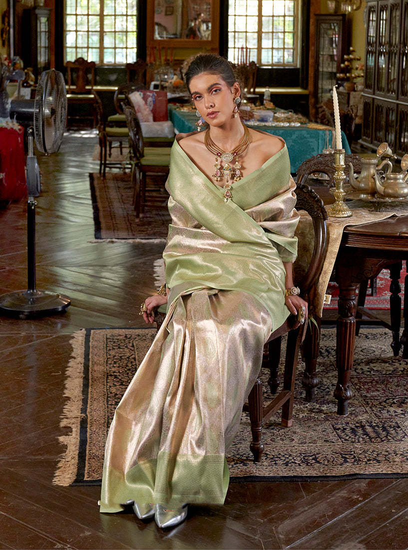 Monjolika Fashion Light Green Kanjivaram Silk Blend Woven Classic Saree | Grocsy