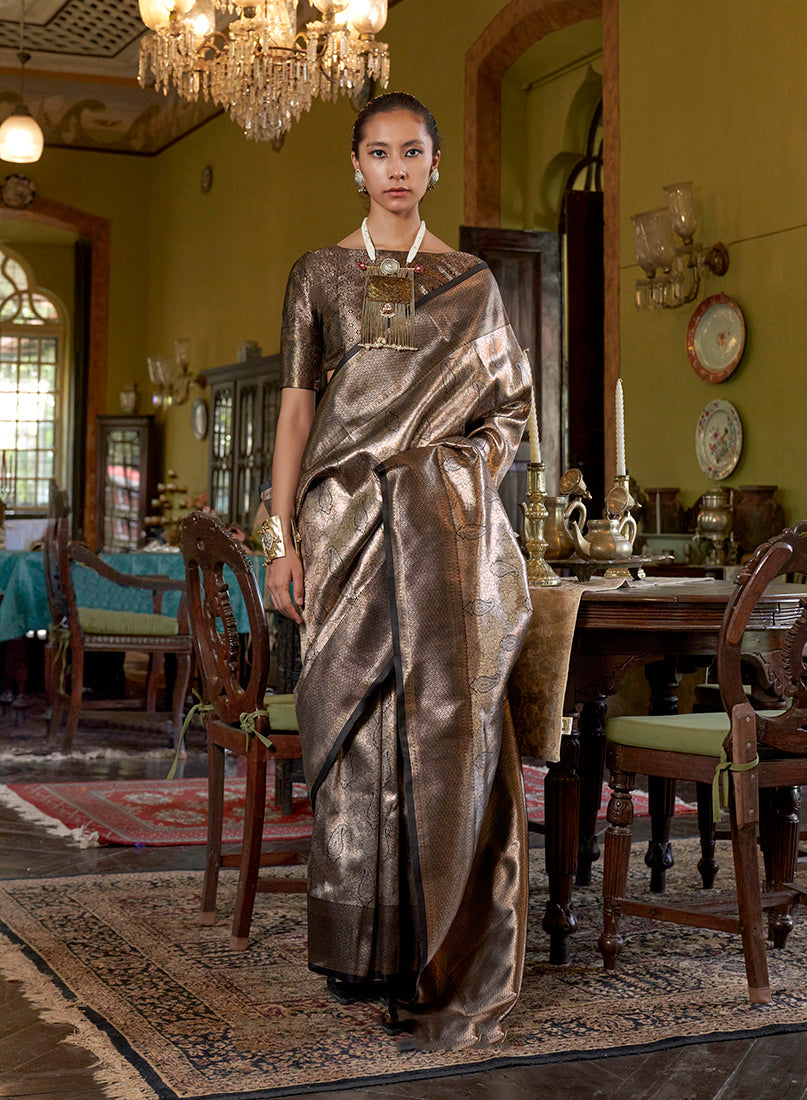 Monjolika Fashion Dark Brown Kanjivaram Silk Blend Woven Classic Saree | Grocsy