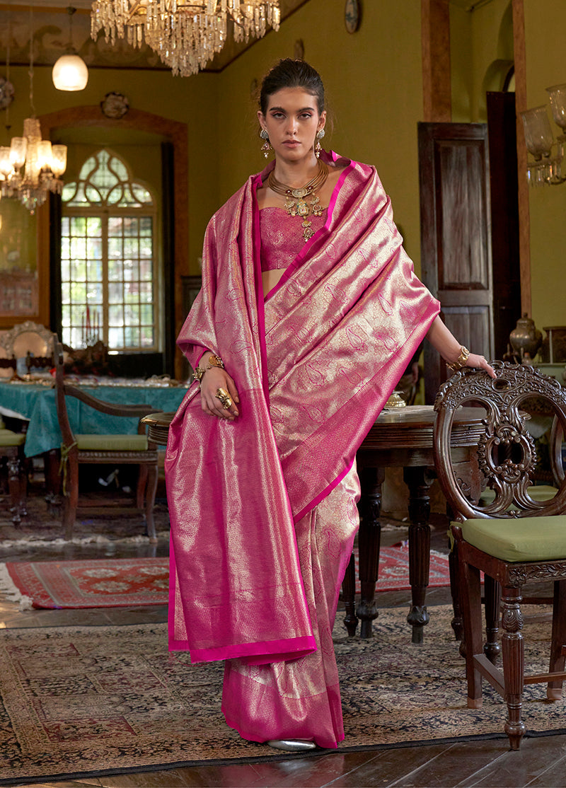 Monjolika Fashion Hot Pink Kanjivaram Silk Blend Woven Classic Saree | Grocsy