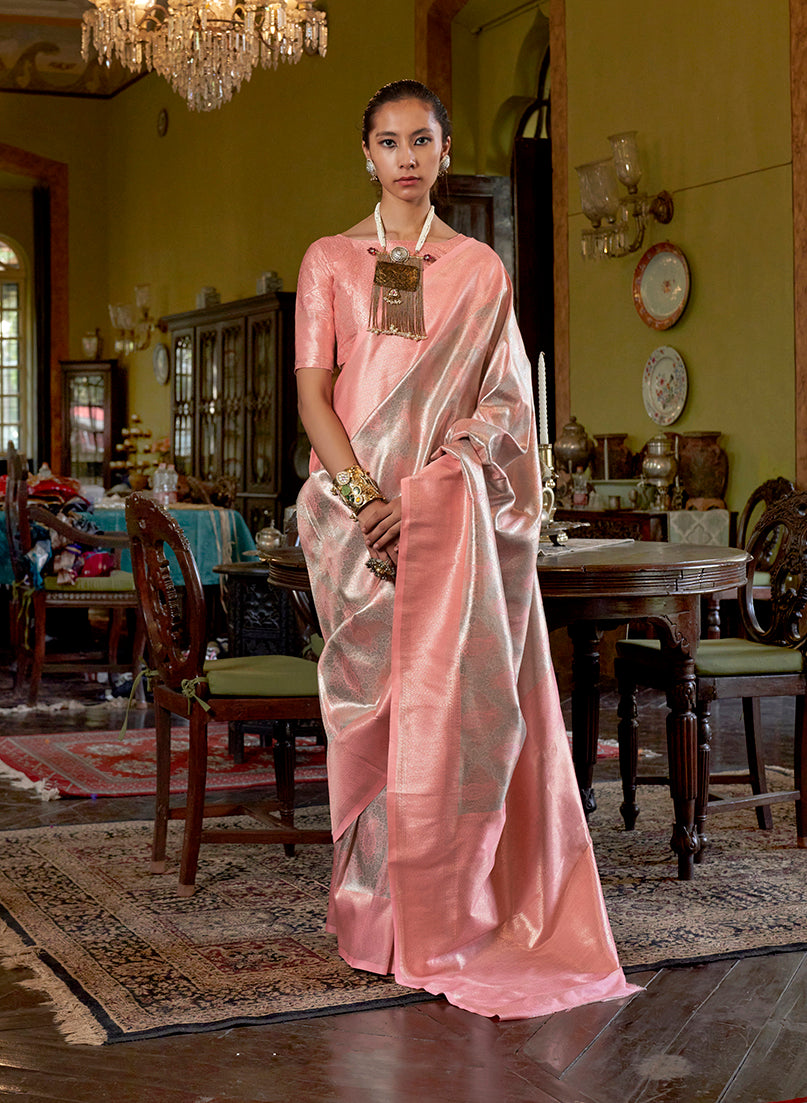 Monjolika Fashion Peach Kanjivaram Silk Blend Woven Classic Saree | Grocsy