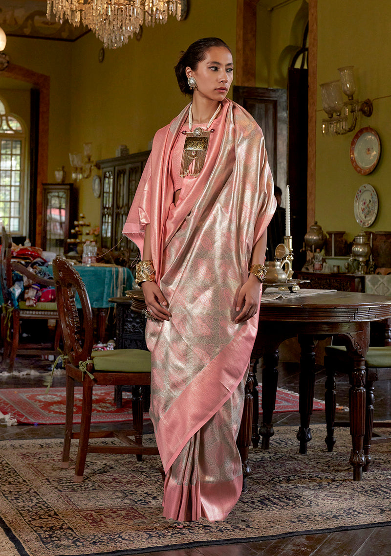 Monjolika Fashion Peach Kanjivaram Silk Blend Woven Classic Saree | Grocsy