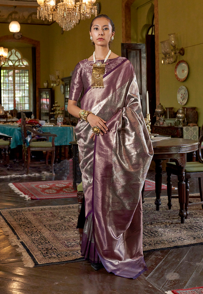 Monjolika Fashion Purple Kanjivaram Silk Blend Woven Classic Saree | Grocsy