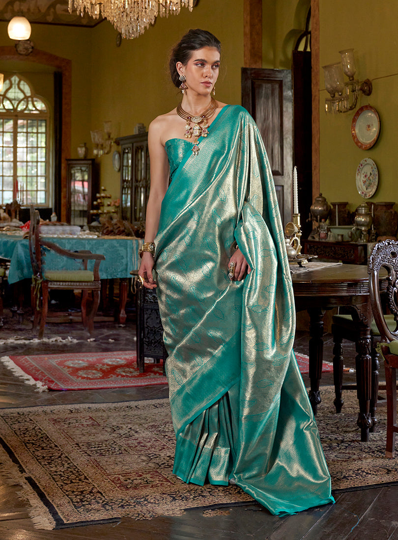 Monjolika Fashion Turquoise Kanjivaram Silk Blend Woven Classic Saree | Grocsy