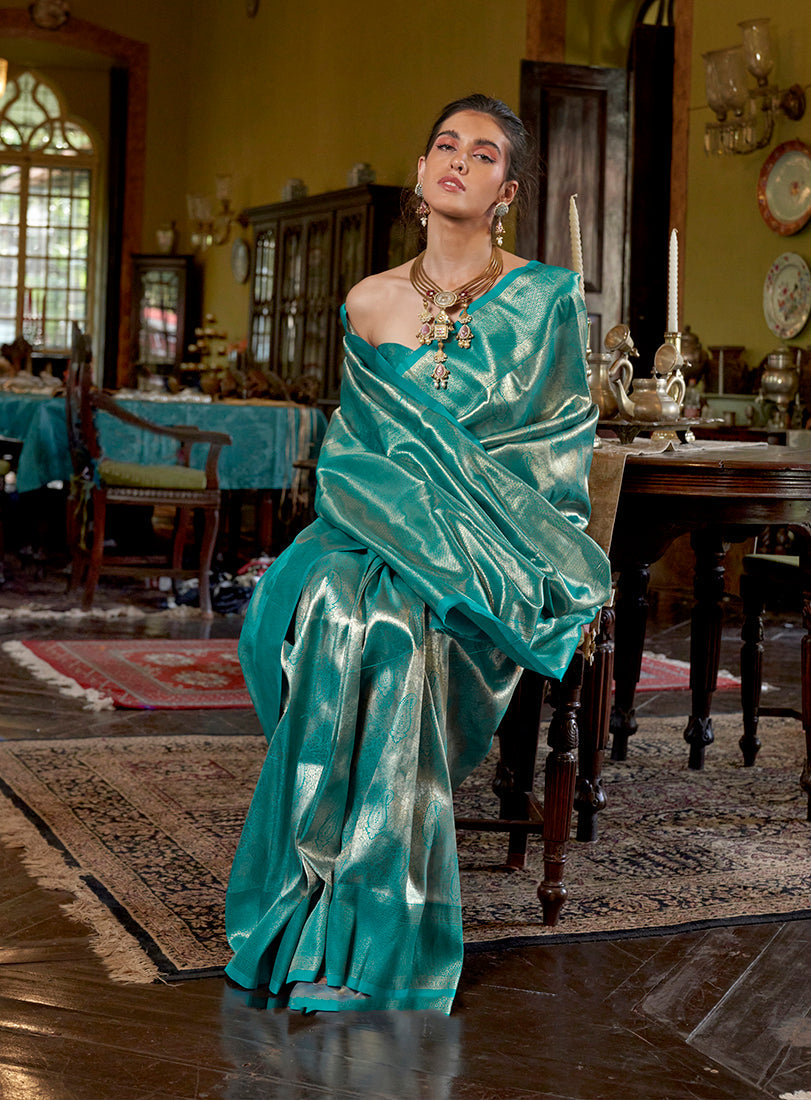 Monjolika Fashion Turquoise Kanjivaram Silk Blend Woven Classic Saree | Grocsy