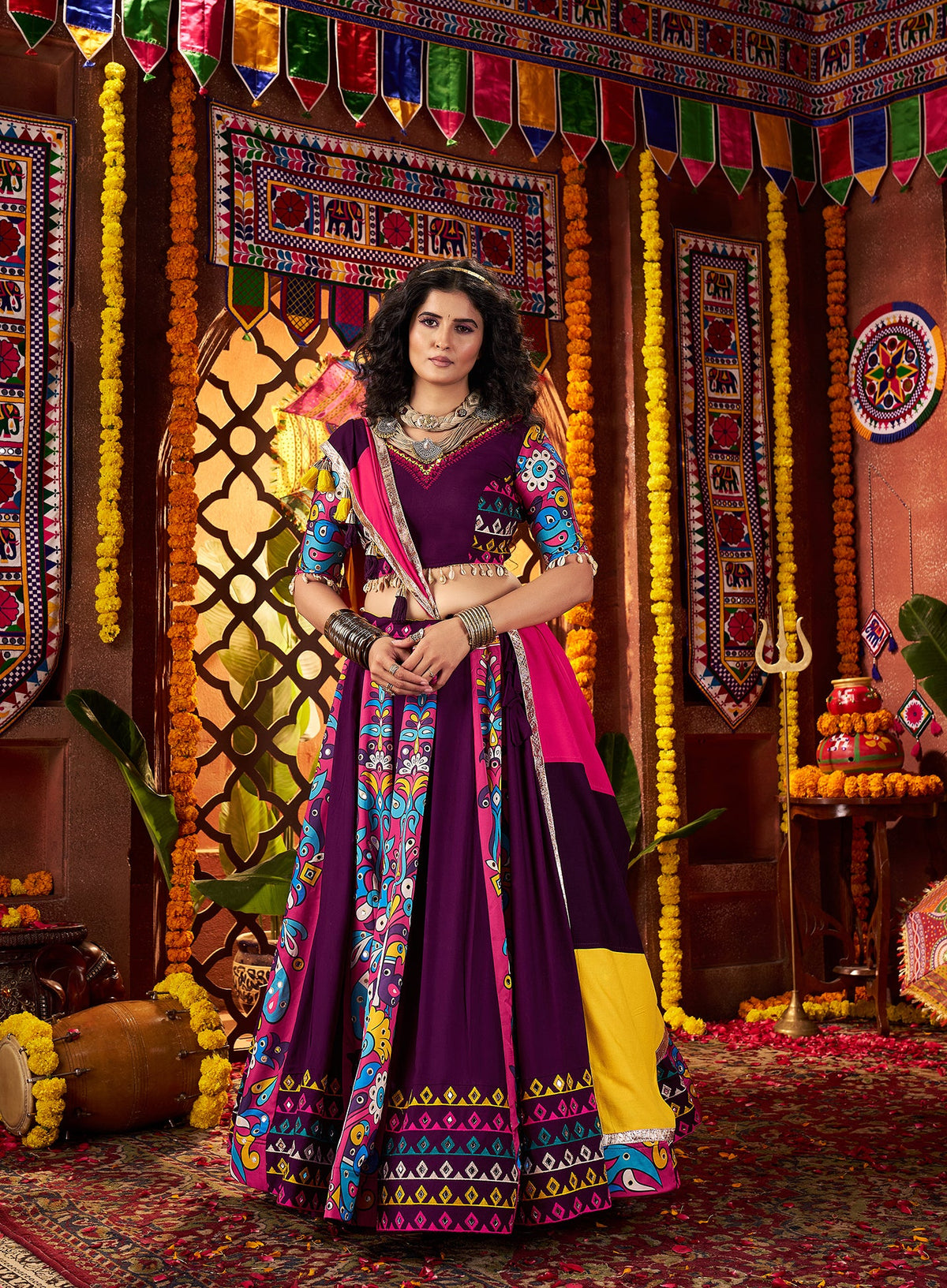 Monjolika Fashion Purple Viscose Cotton Digital Print Mirror Work Navratri Chaniya Choli With Dupatta | Grocsy