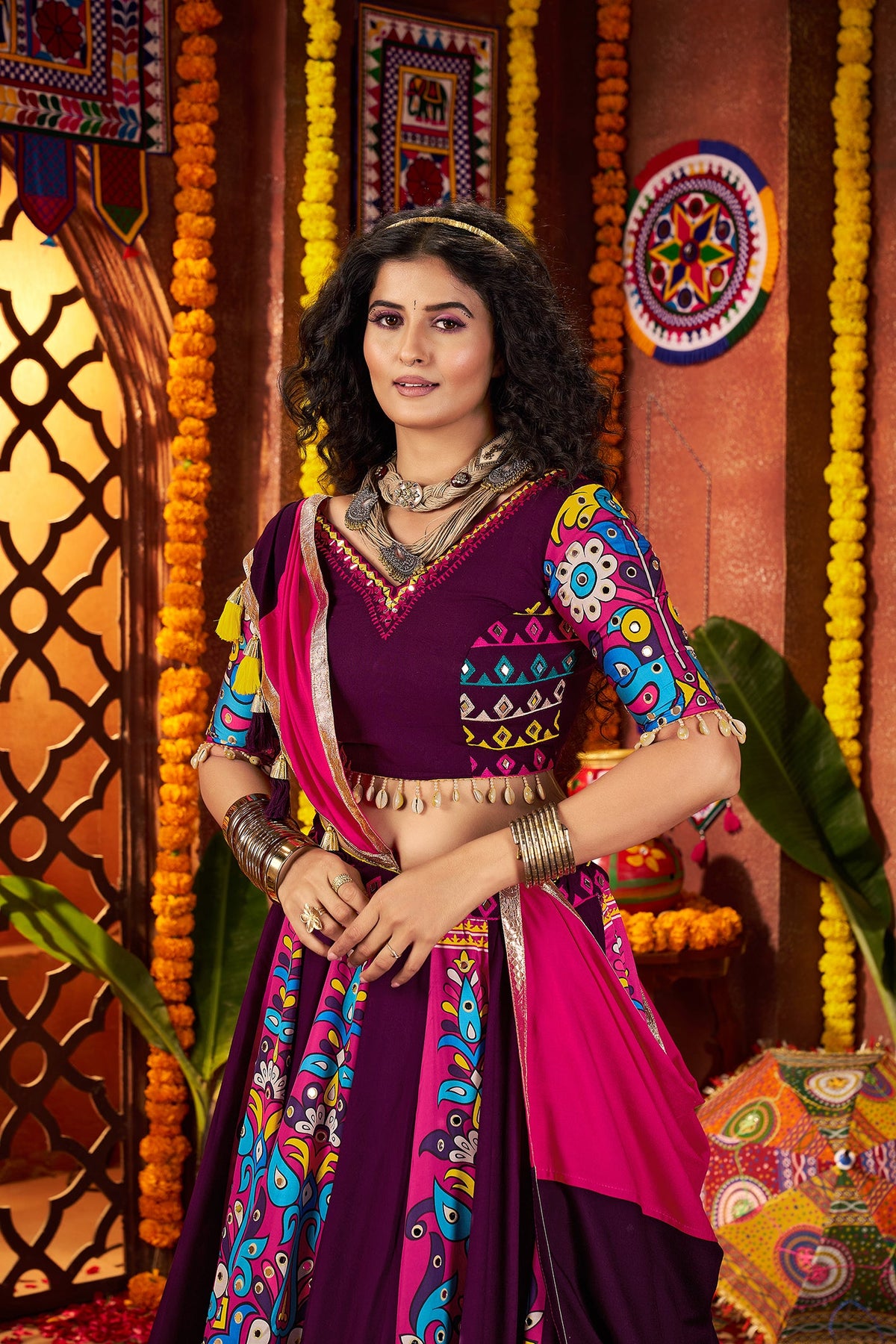 Monjolika Fashion Purple Viscose Cotton Digital Print Mirror Work Navratri Chaniya Choli With Dupatta | Grocsy