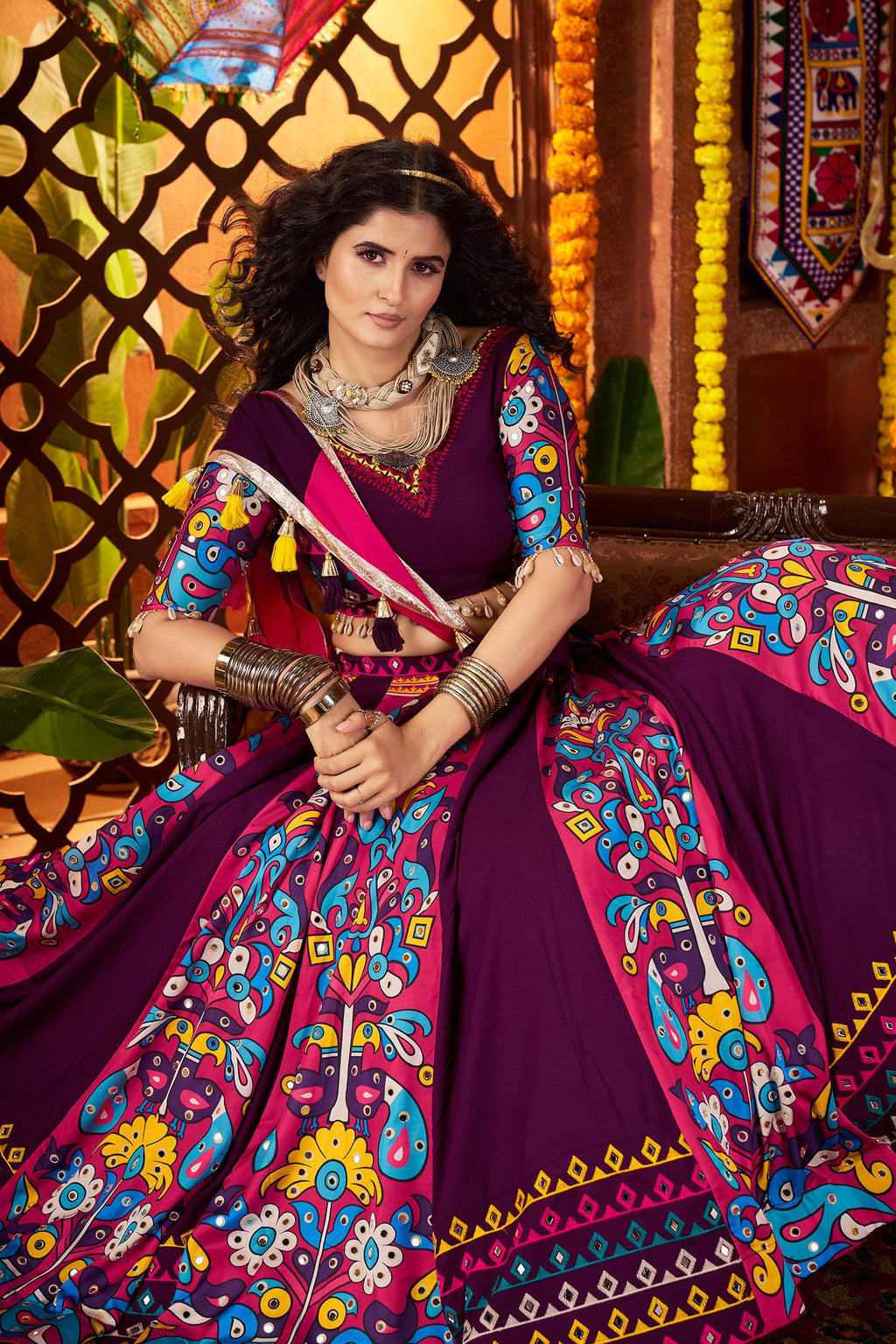 Monjolika Fashion Purple Viscose Cotton Digital Print Mirror Work Navratri Chaniya Choli With Dupatta | Grocsy