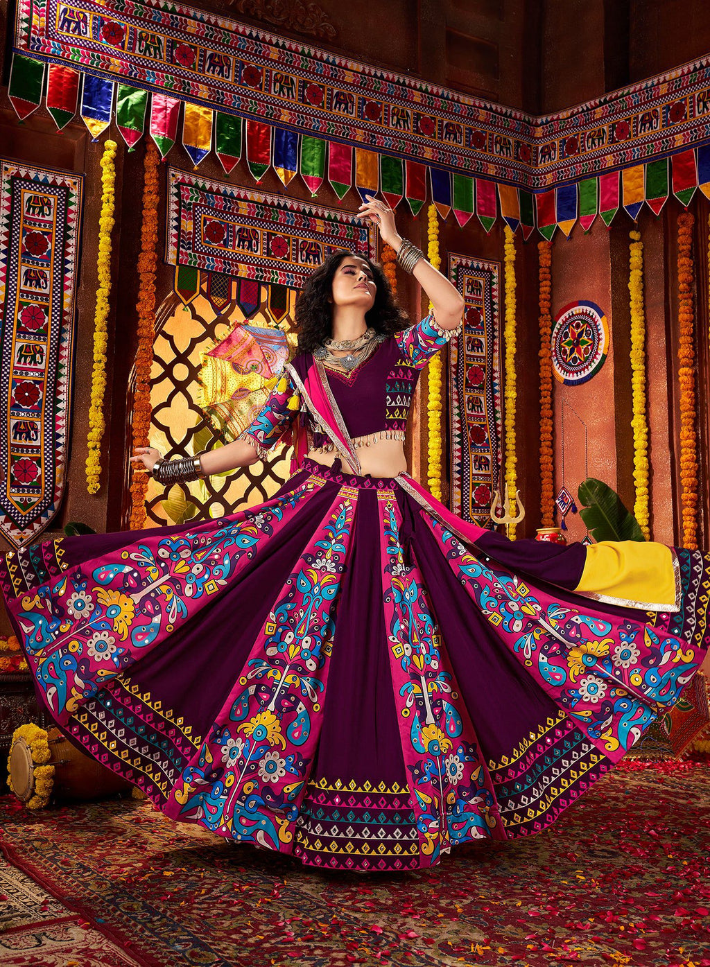 Monjolika Fashion Purple Viscose Cotton Digital Print Mirror Work Navratri Chaniya Choli With Dupatta | Grocsy