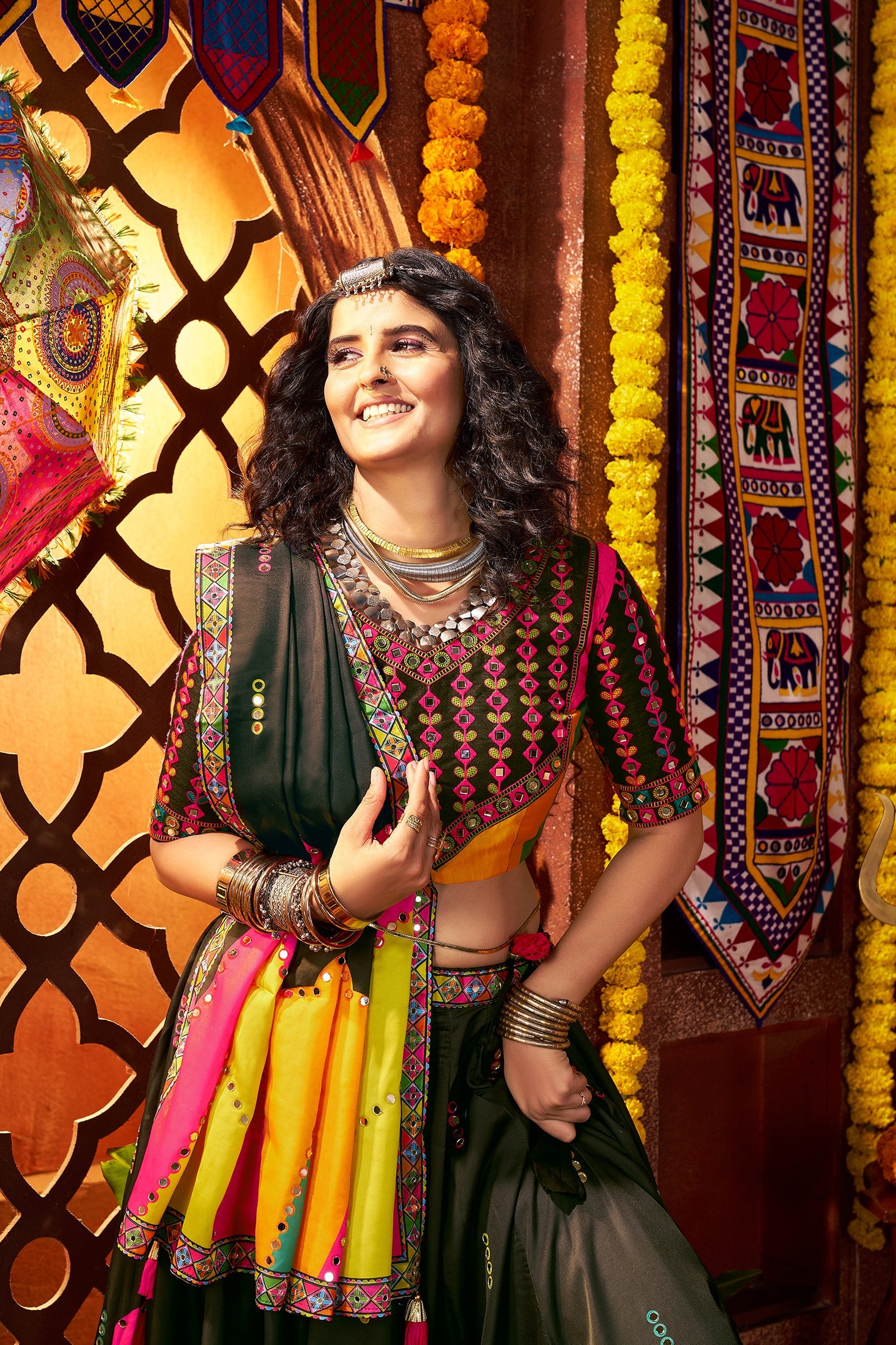 Monjolika Fashion Traditional Printed Black Gajji Silk Lehenga Choli For Navratri | Grocsy