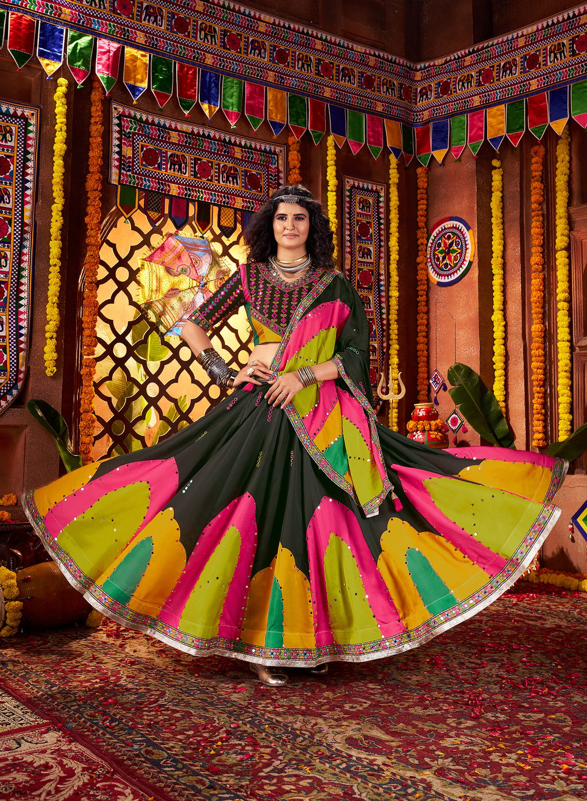 Monjolika Fashion Traditional Printed Black Gajji Silk Lehenga Choli For Navratri | Grocsy