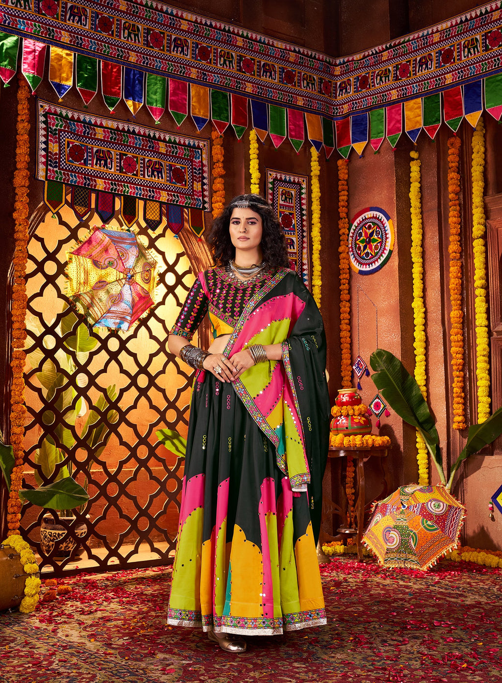 Monjolika Fashion Traditional Printed Black Gajji Silk Lehenga Choli For Navratri | Grocsy