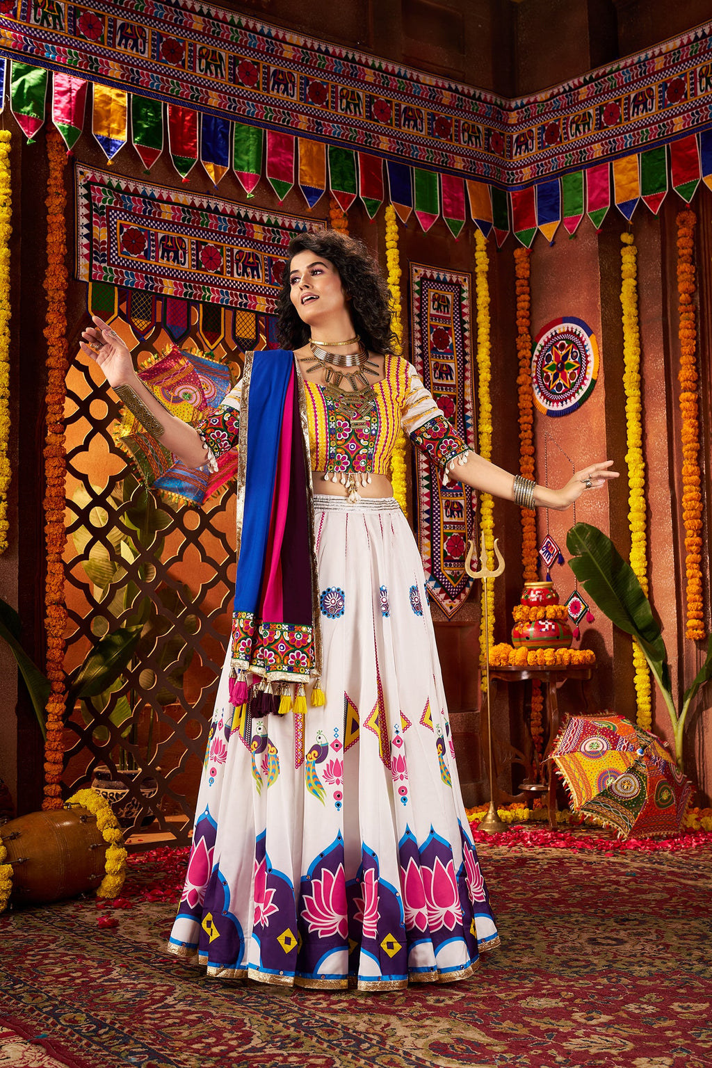 Monjolika Fashion Gajji Silk White Navratri Chaniya Choli In Multi Thread And Mirror Hand Work | Grocsy