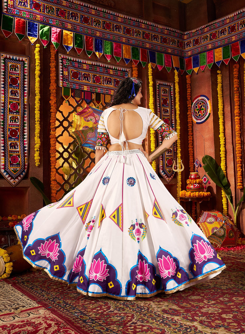 Monjolika Fashion Gajji Silk White Navratri Chaniya Choli In Multi Thread And Mirror Hand Work | Grocsy