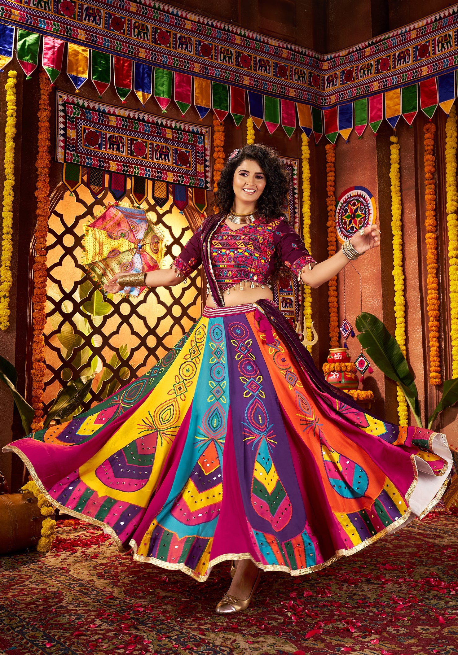 Monjolika Fashion Colorful Gajji Silk Navratri Lehenga Choli With Mirror Work | Grocsy