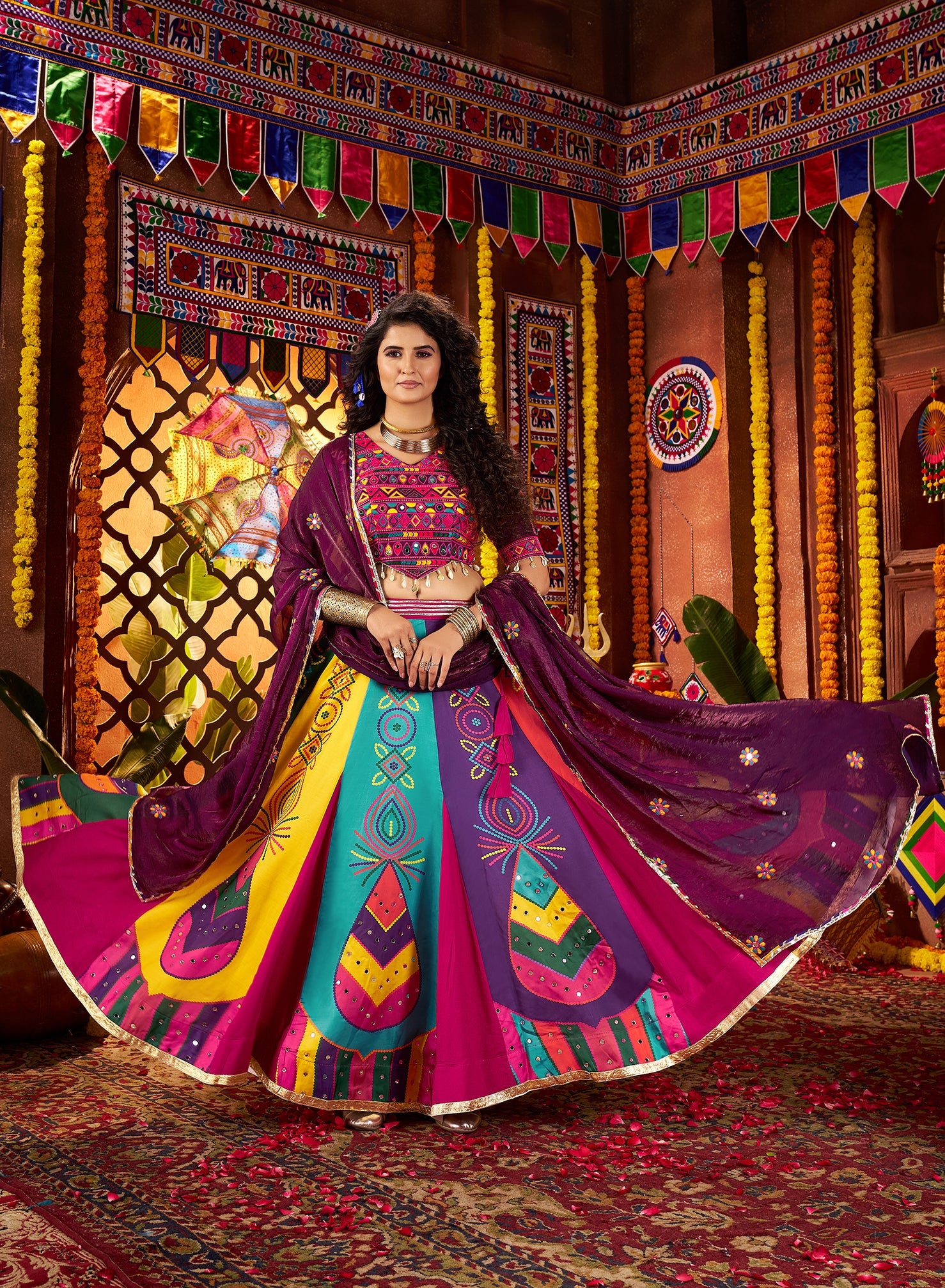 Monjolika Fashion Colorful Gajji Silk Navratri Lehenga Choli With Mirror Work | Grocsy
