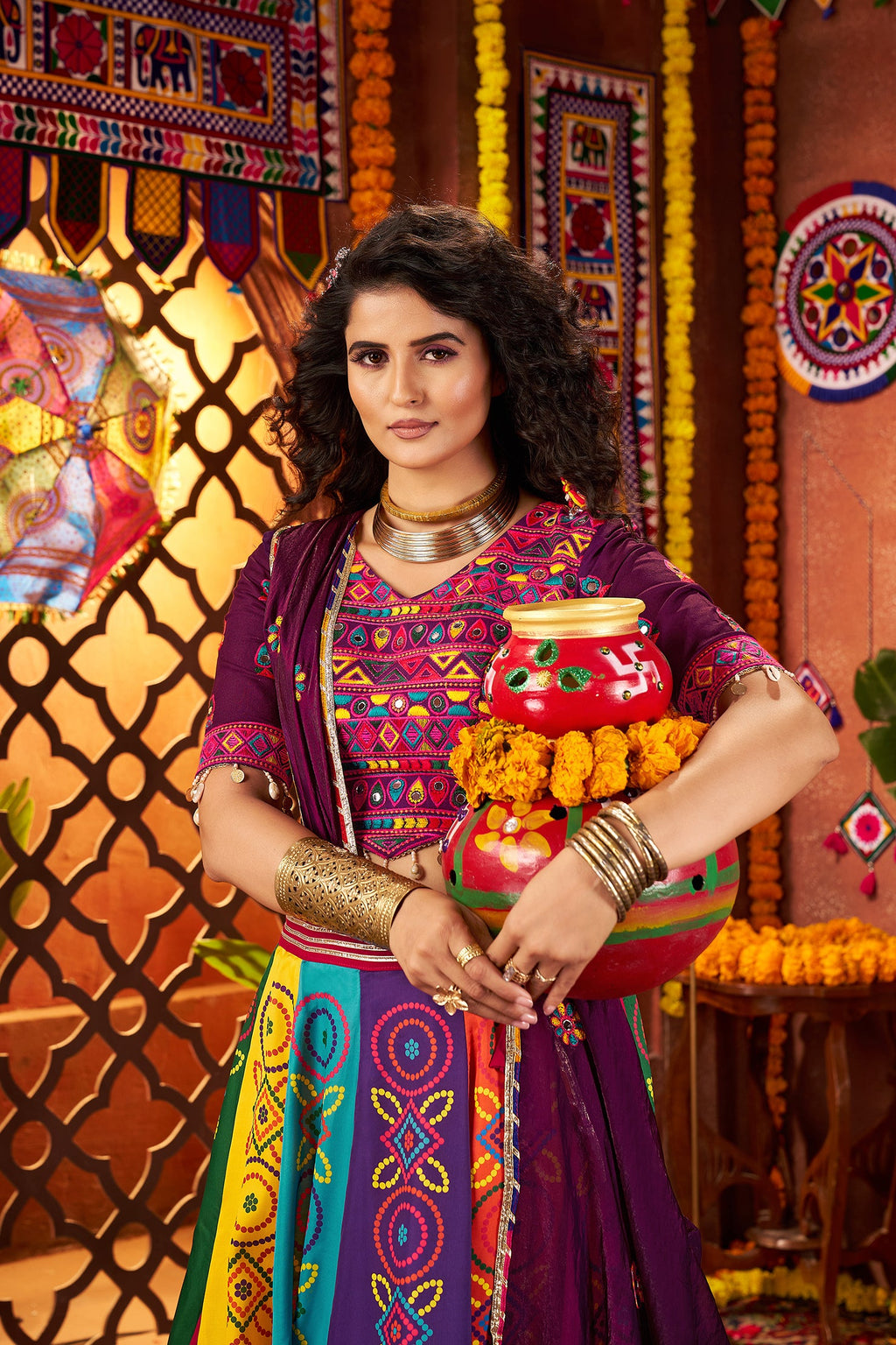 Monjolika Fashion Colorful Gajji Silk Navratri Lehenga Choli With Mirror Work | Grocsy