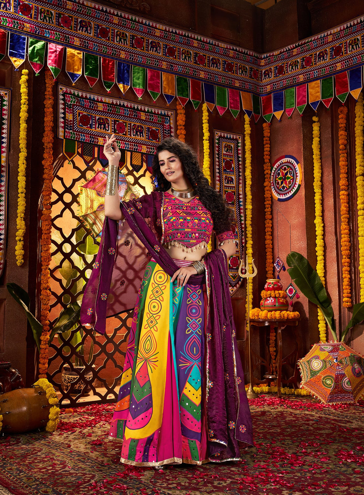 Monjolika Fashion Colorful Gajji Silk Navratri Lehenga Choli With Mirror Work | Grocsy