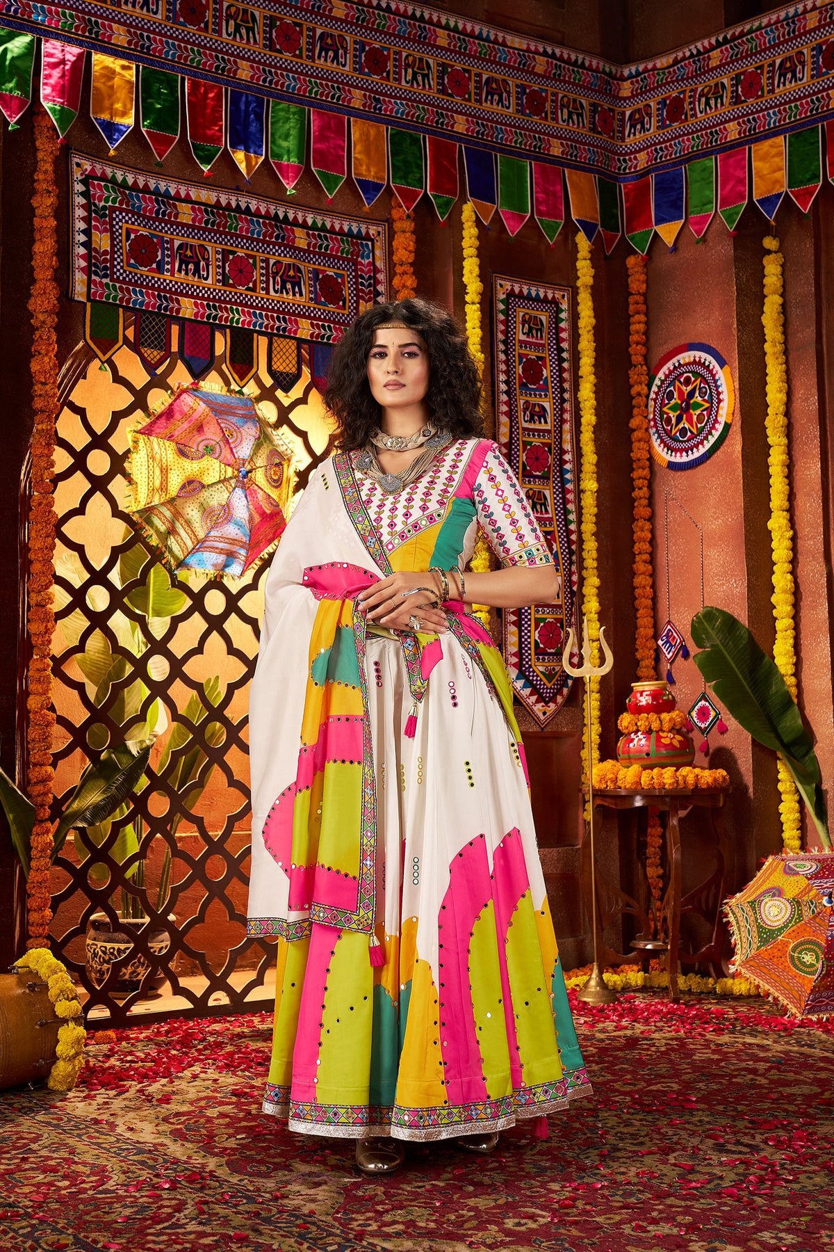 Monjolika Fashion White Gajji Silk Navratri Lehenga Choli With Digital Print & Mirror Work | Grocsy