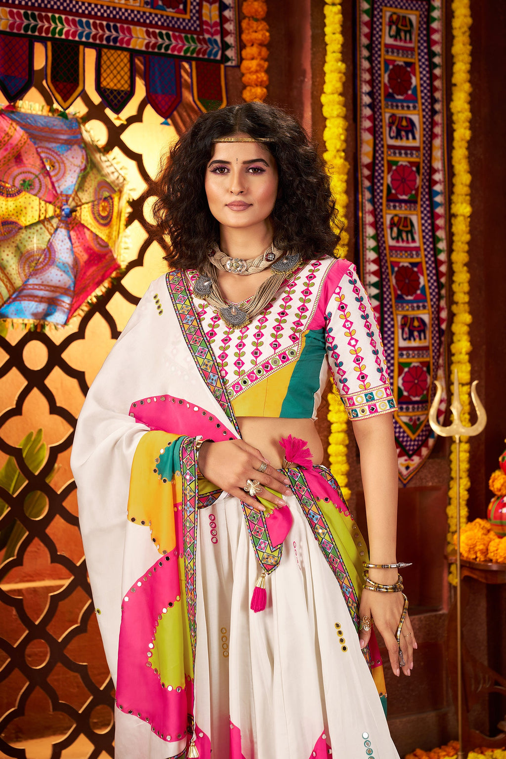 Monjolika Fashion White Gajji Silk Navratri Lehenga Choli With Digital Print & Mirror Work | Grocsy