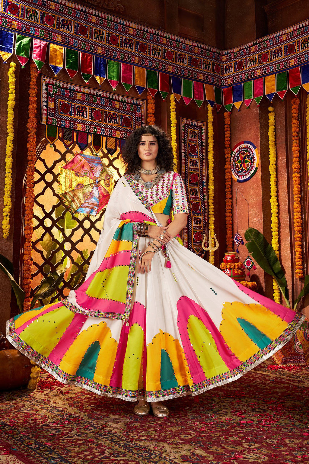 Monjolika Fashion White Gajji Silk Navratri Lehenga Choli With Digital Print & Mirror Work | Grocsy