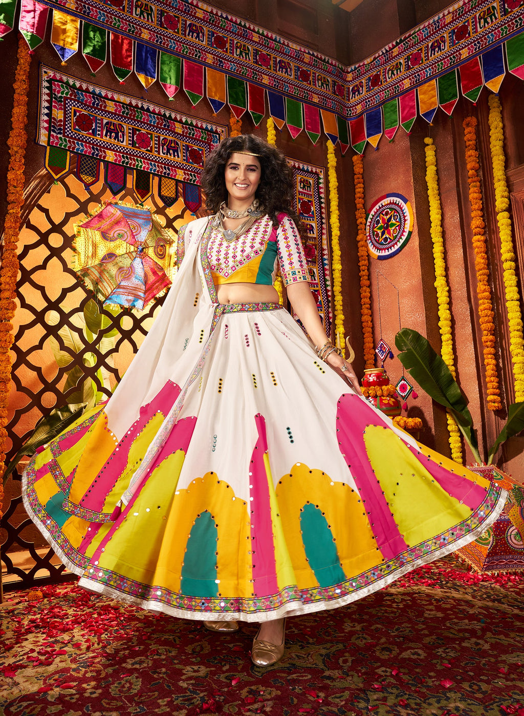Monjolika Fashion White Gajji Silk Navratri Lehenga Choli With Digital Print & Mirror Work | Grocsy