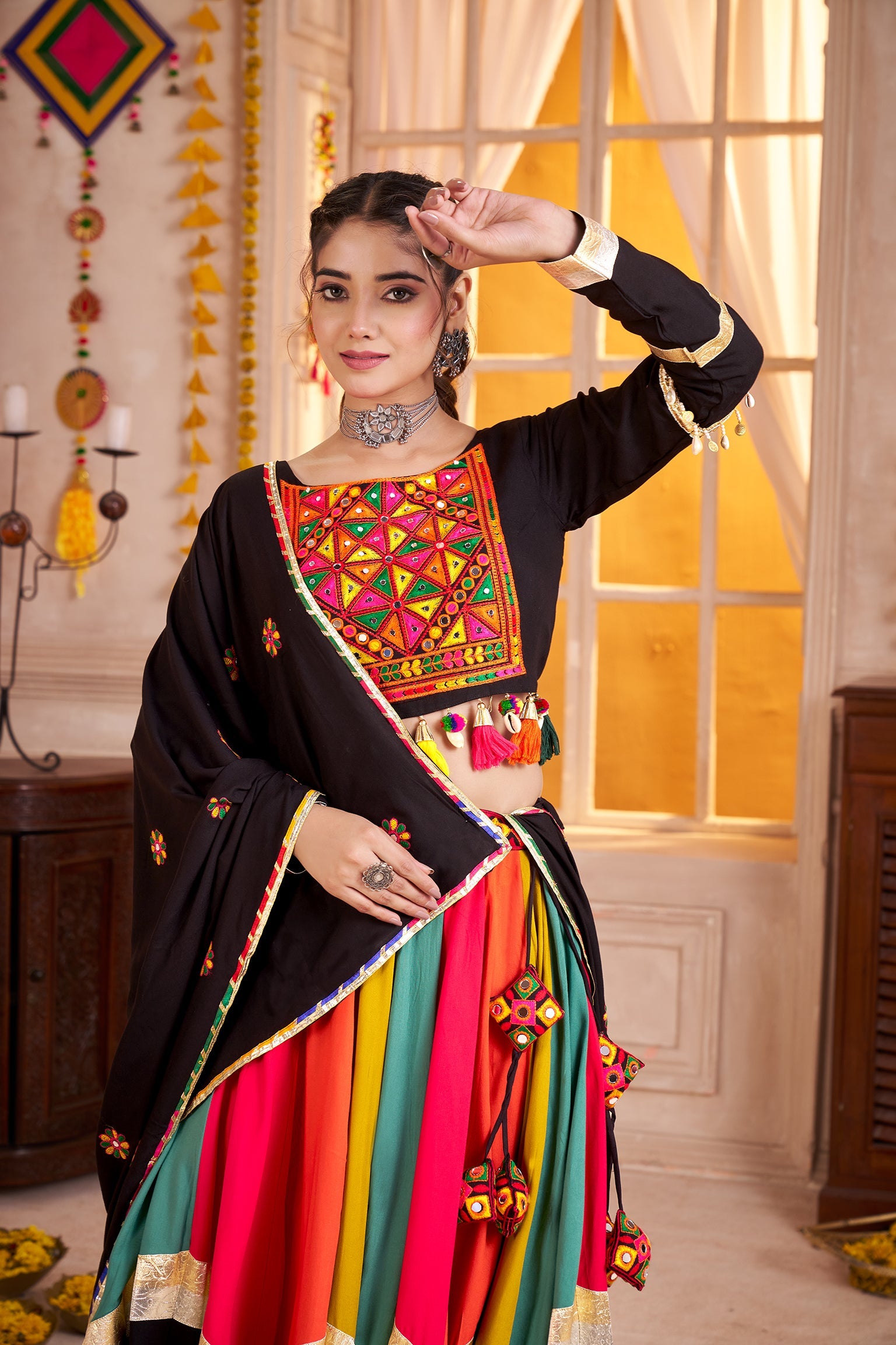 Monjolika Fashion Viscose Cotton Black Lehenga Choli For Navratri In Thread & Mirror Work | Grocsy