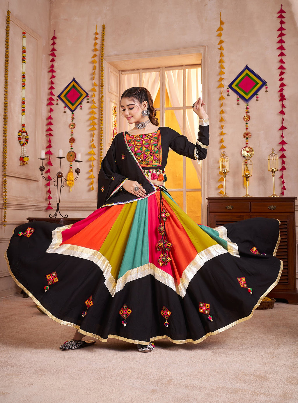 Monjolika Fashion Viscose Cotton Black Lehenga Choli For Navratri In Thread & Mirror Work | Grocsy