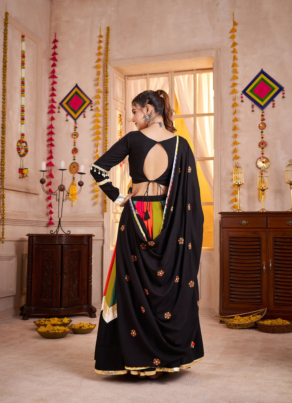 Monjolika Fashion Viscose Cotton Black Lehenga Choli For Navratri In Thread & Mirror Work | Grocsy