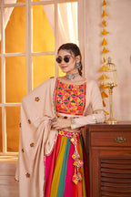 Monjolika Fashion Viscose Cotton Beige Multicolor Navratri Lehenga Choli With Mirror And Kutchi Embroidery Work | Grocsy