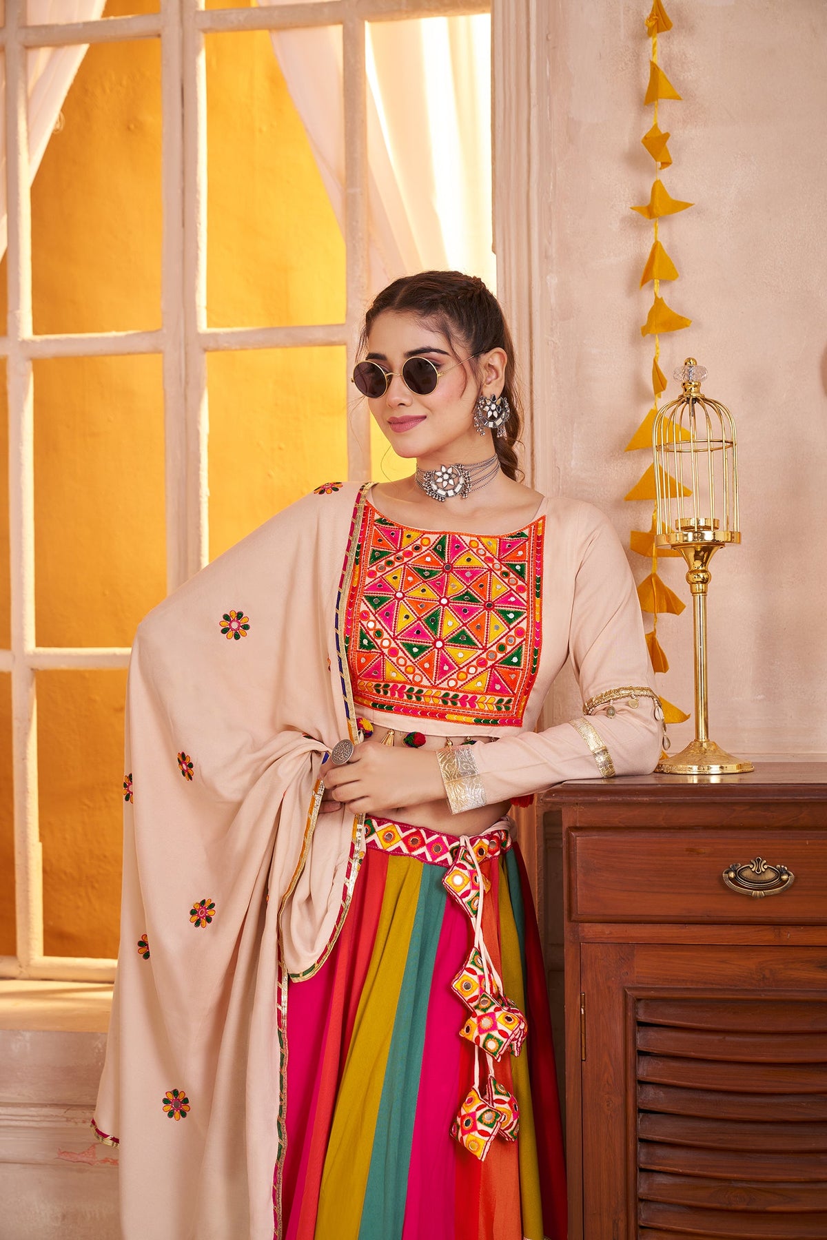 Monjolika Fashion Viscose Cotton Beige Multicolor Navratri Lehenga Choli With Mirror And Kutchi Embroidery Work | Grocsy