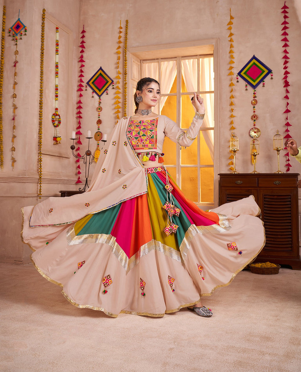 Monjolika Fashion Viscose Cotton Beige Multicolor Navratri Lehenga Choli With Mirror And Kutchi Embroidery Work | Grocsy