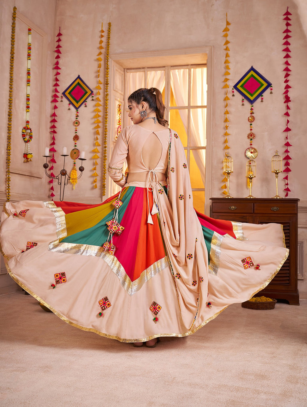 Monjolika Fashion Viscose Cotton Beige Multicolor Navratri Lehenga Choli With Mirror And Kutchi Embroidery Work | Grocsy