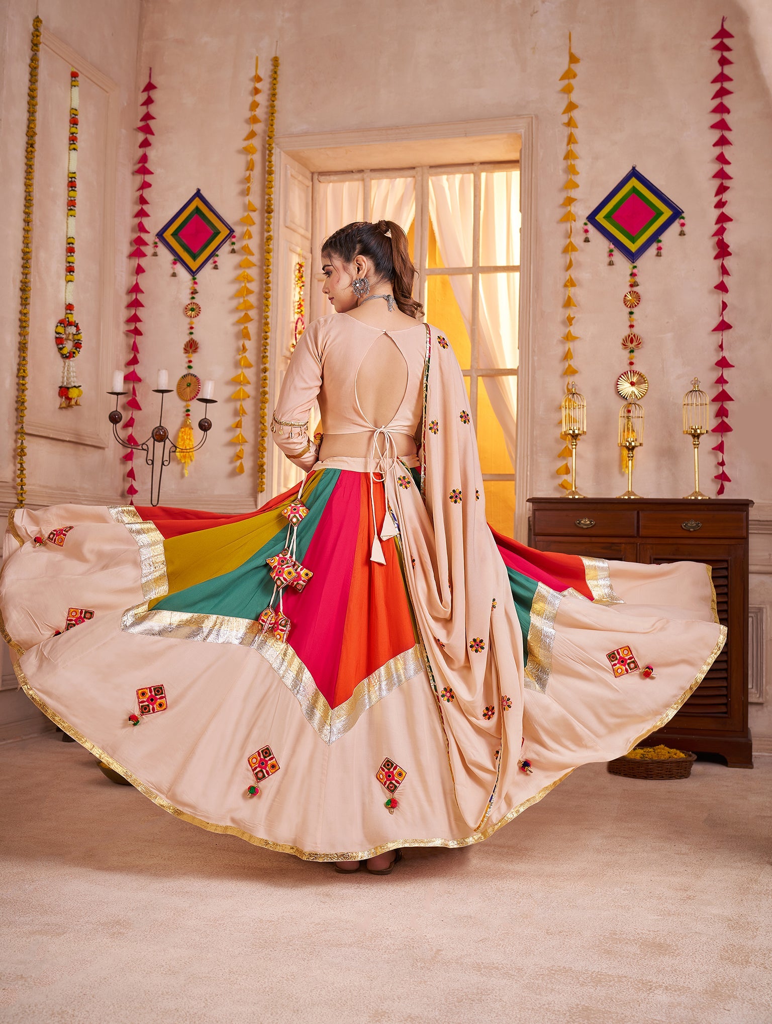 Monjolika Fashion Viscose Cotton Beige Multicolor Navratri Lehenga Choli With Mirror And Kutchi Embroidery Work | Grocsy