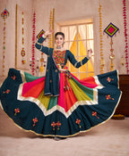 Monjolika Fashion Viscose Cotton Multi Color-Teal Blue Navratri Lehenga Choli With Mirror And Kutchi | Grocsy