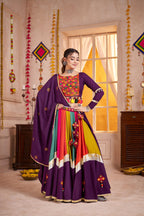 Monjolika Fashion Viscose Cotton Purple Multicolor Navratri Lehenga Choli With Mirror And Kutchi Embroidery Work | Grocsy