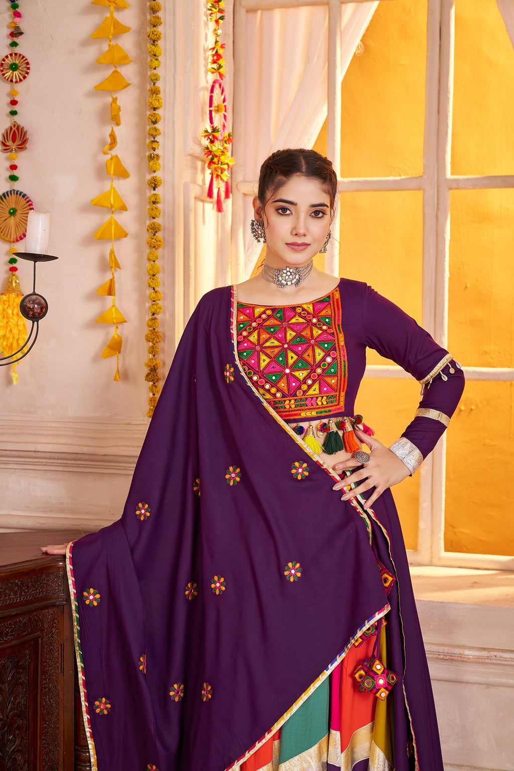 Monjolika Fashion Viscose Cotton Purple Multicolor Navratri Lehenga Choli With Mirror And Kutchi Embroidery Work | Grocsy