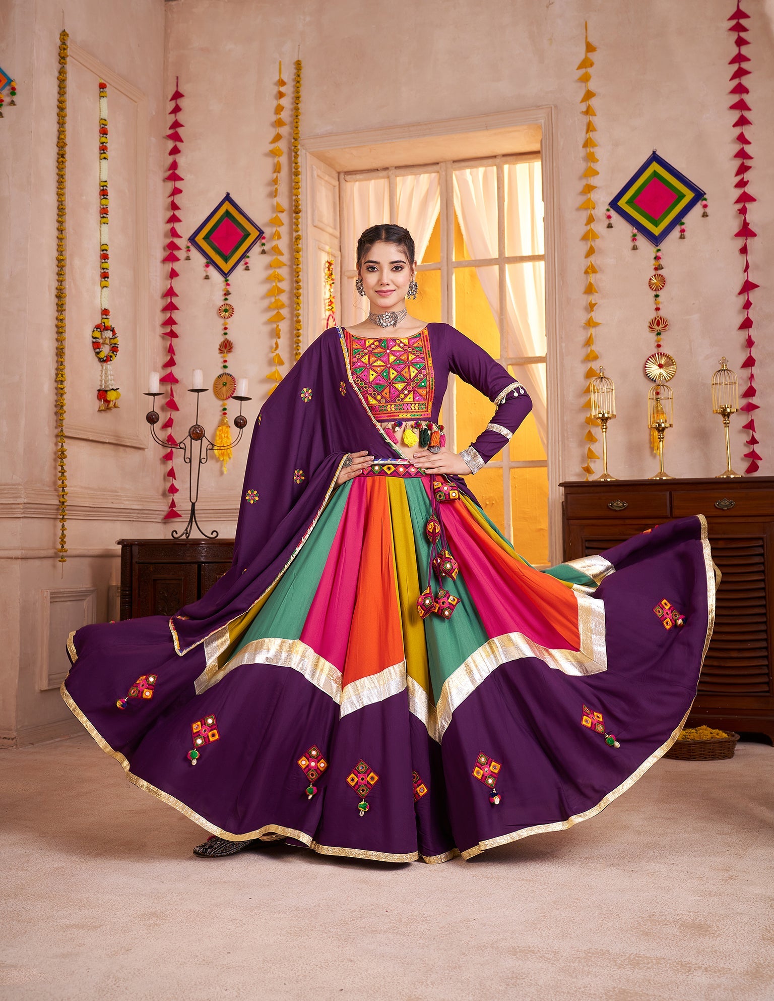 Monjolika Fashion Viscose Cotton Purple Multicolor Navratri Lehenga Choli With Mirror And Kutchi Embroidery Work | Grocsy