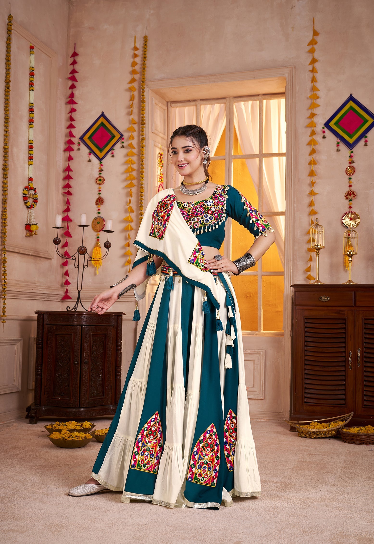 Monjolika Fashion Multi-Color Kutchi Mirror Work Navratri Lehenga Choli | Grocsy