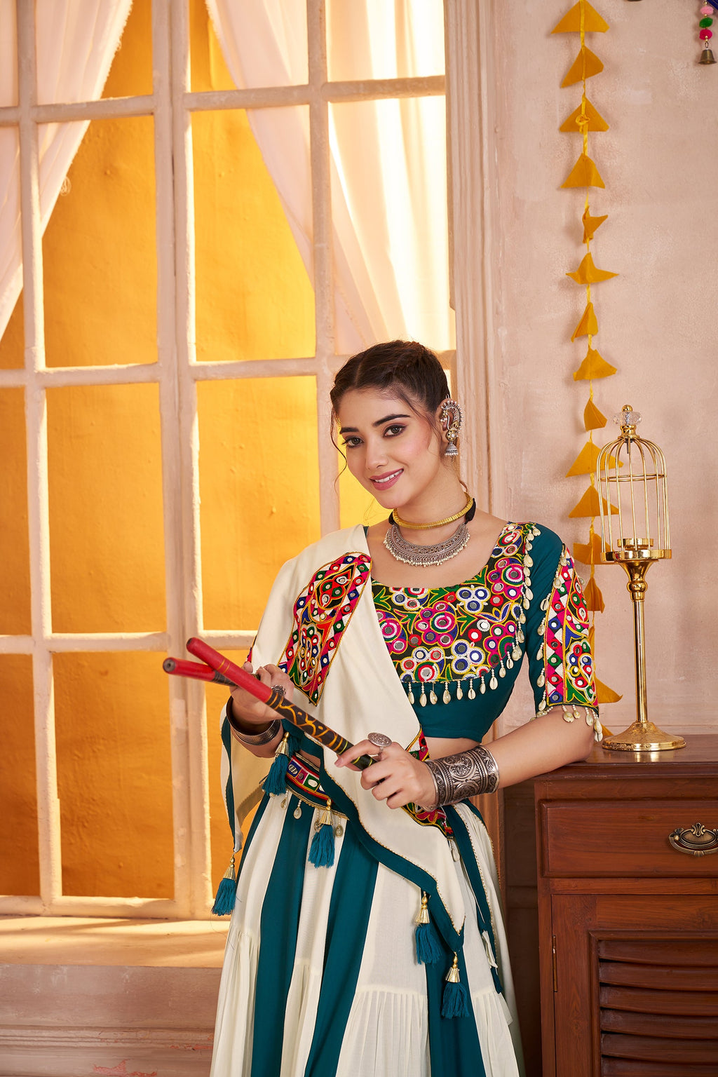 Monjolika Fashion Multi-Color Kutchi Mirror Work Navratri Lehenga Choli | Grocsy