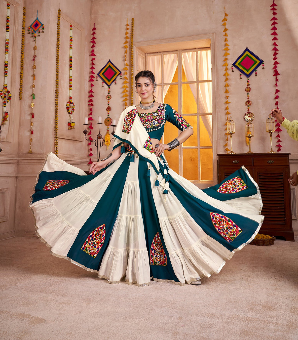 Monjolika Fashion Multi-Color Kutchi Mirror Work Navratri Lehenga Choli | Grocsy