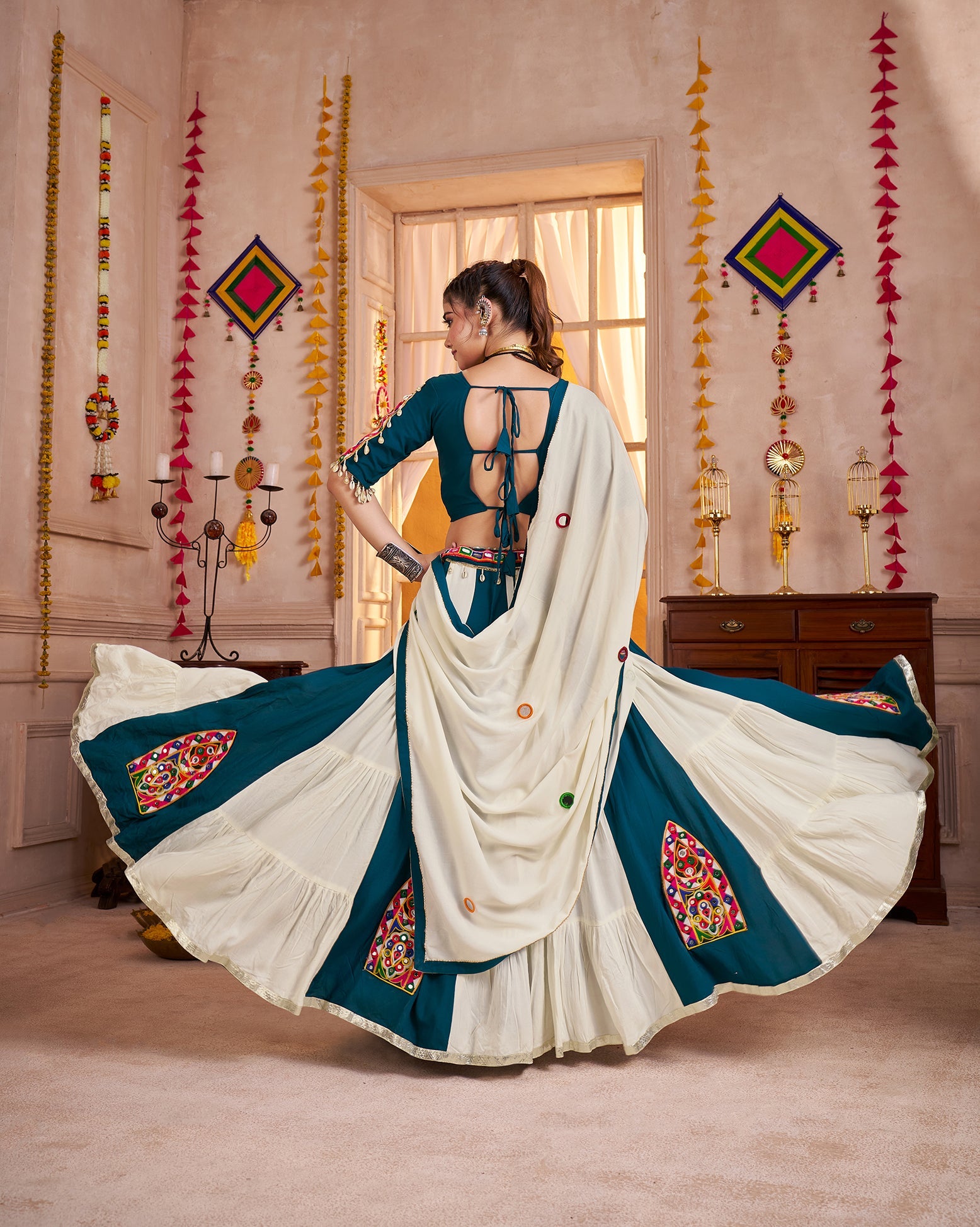 Monjolika Fashion Multi-Color Kutchi Mirror Work Navratri Lehenga Choli | Grocsy