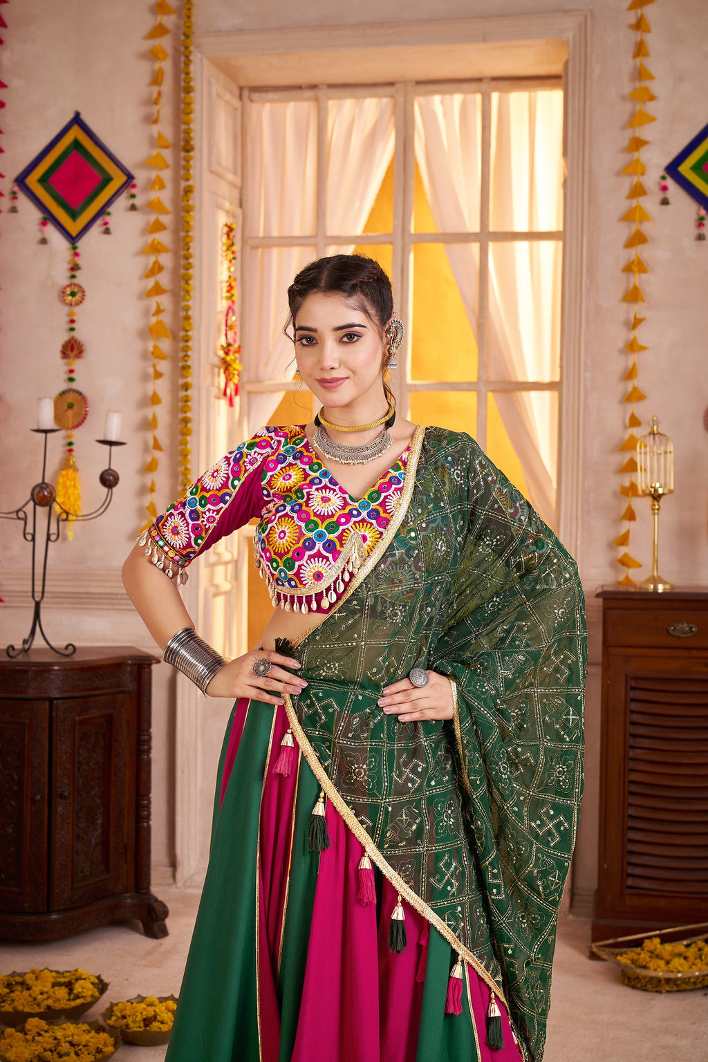 Monjolika Fashion Colorful Viscose Cotton Navratri Lehenga With Kutchi Mirror Work Choli | Grocsy