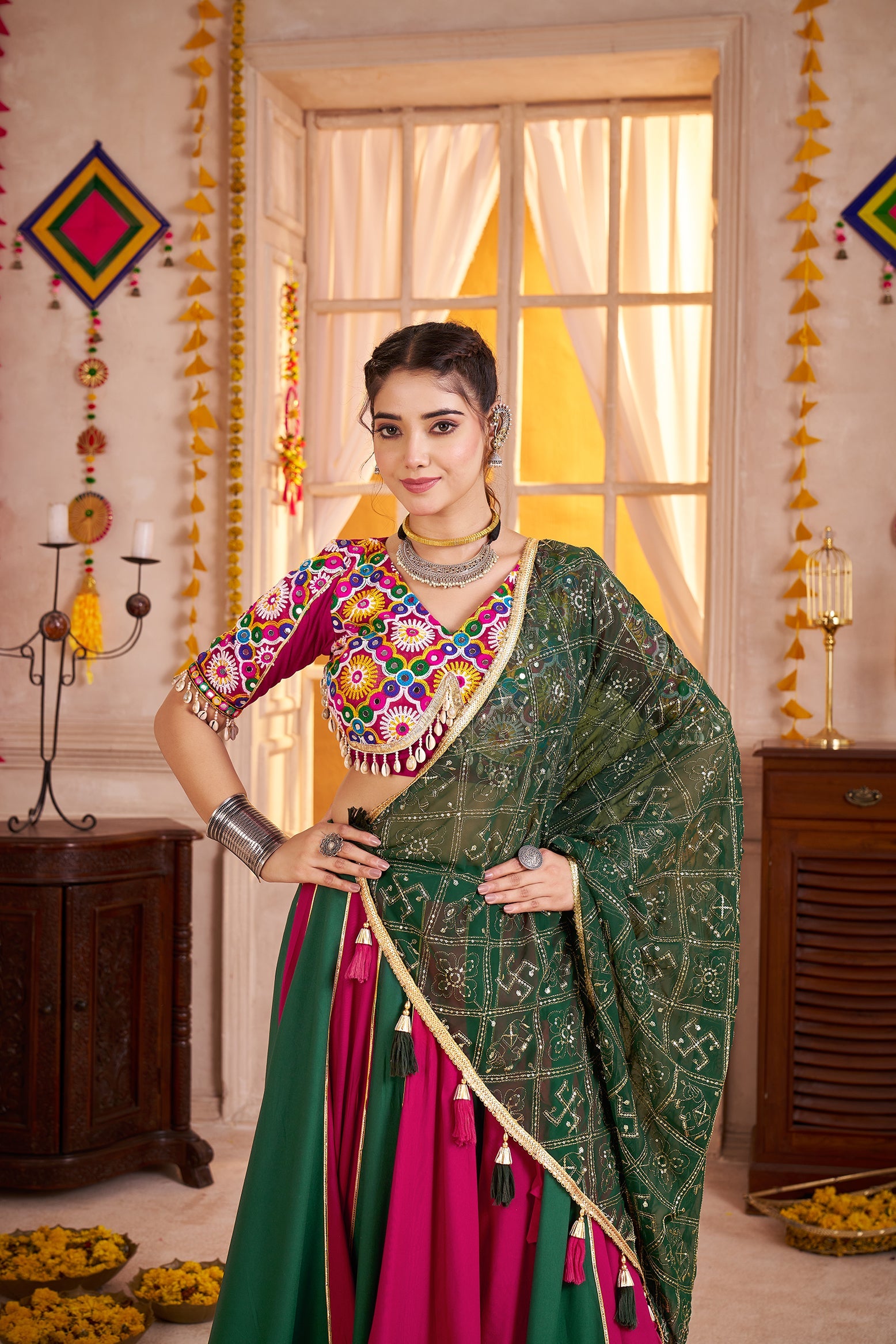 Monjolika Fashion Colorful Viscose Cotton Navratri Lehenga With Kutchi Mirror Work Choli | Grocsy