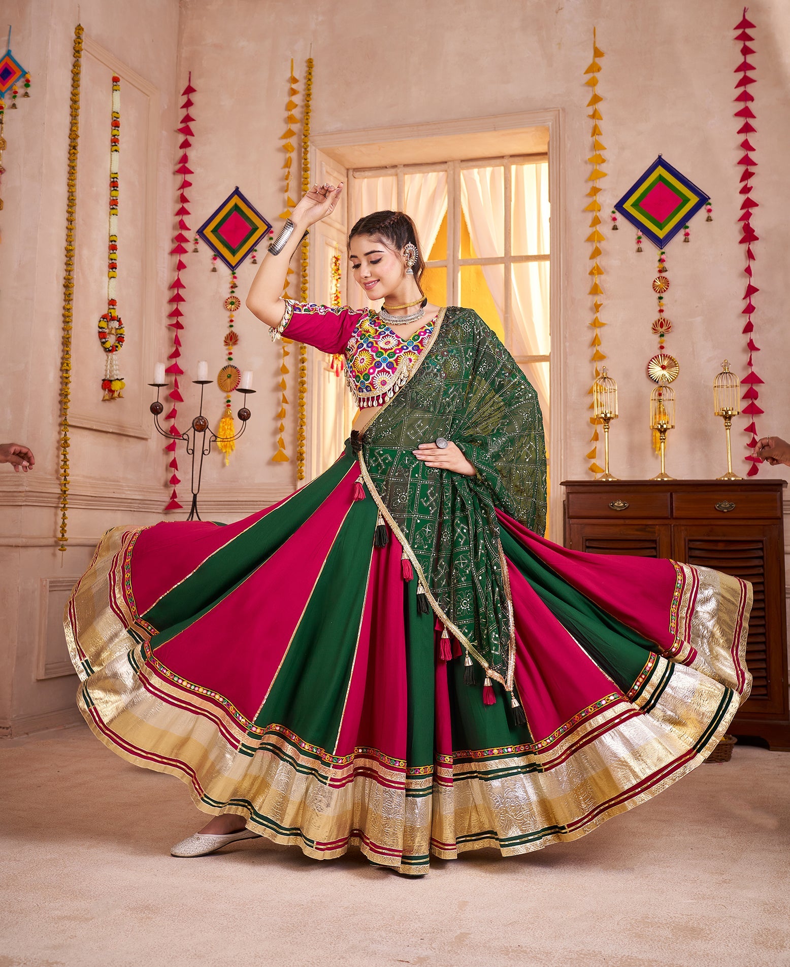 Monjolika Fashion Colorful Viscose Cotton Navratri Lehenga With Kutchi Mirror Work Choli | Grocsy