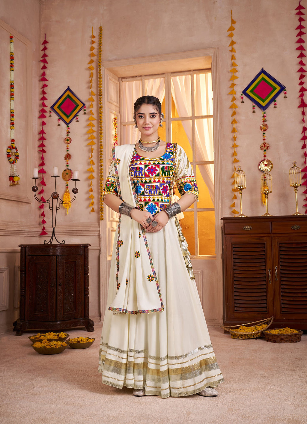 Monjolika Fashion Designer Viscose Cotton White Navratri Chaniya Choli | Grocsy