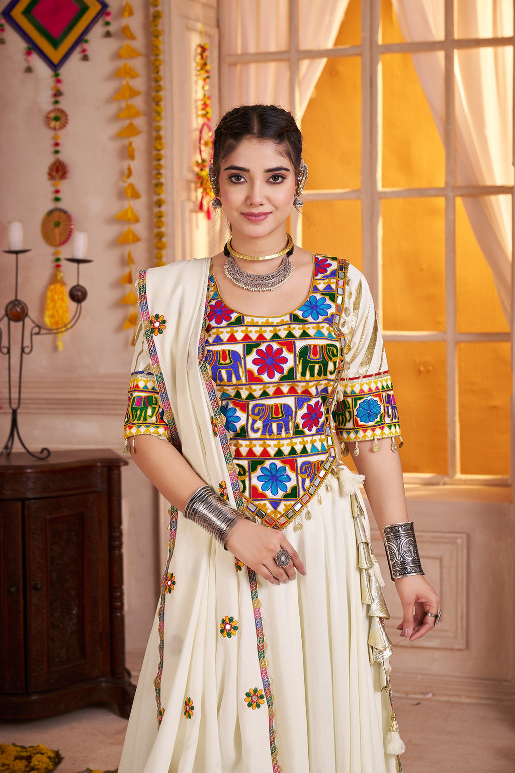 Monjolika Fashion Designer Viscose Cotton White Navratri Chaniya Choli | Grocsy