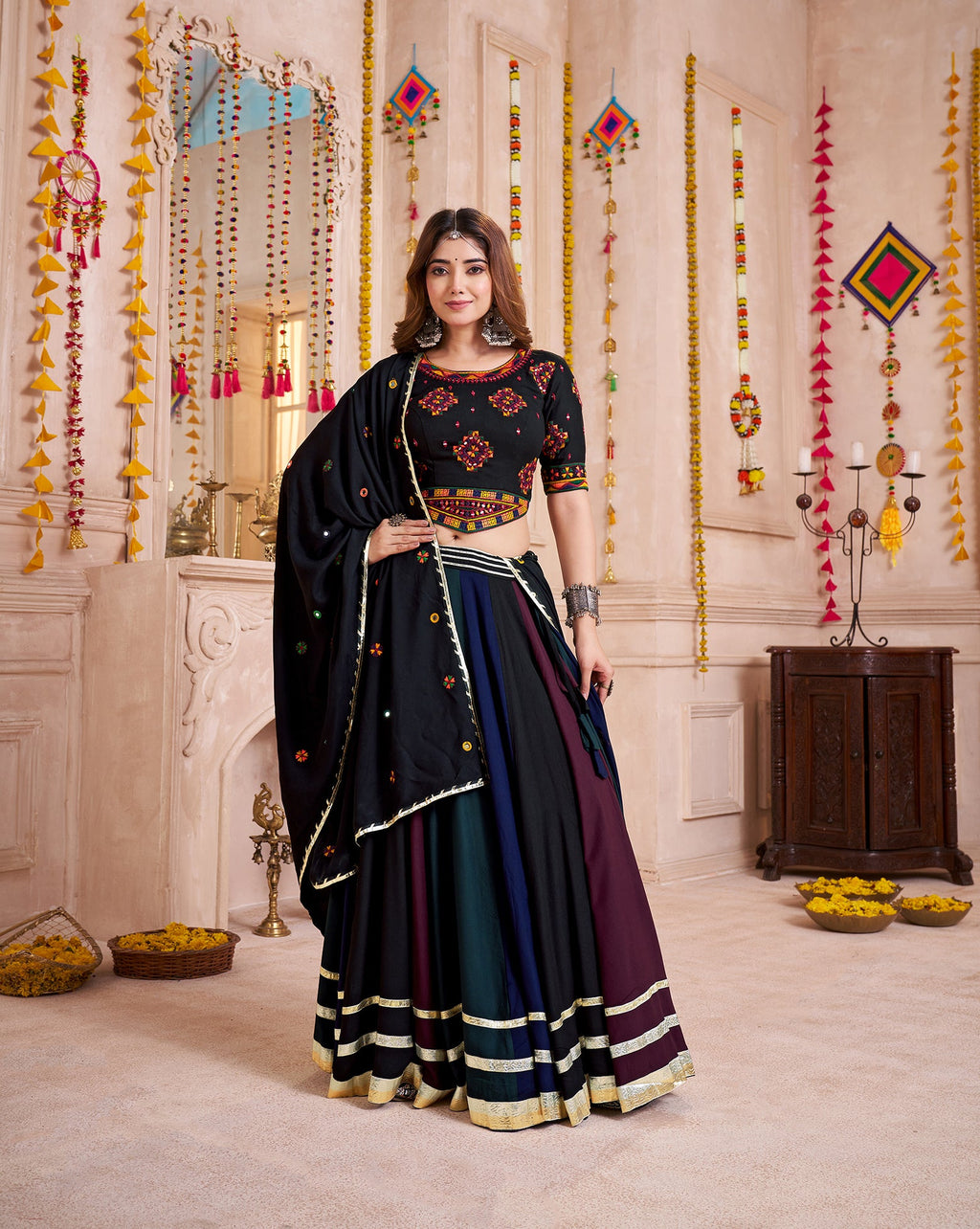 Monjolika Fashion Multi-Color Viscose Cotton Navratri Lehenga Choli With Hand Mirror Work | Grocsy
