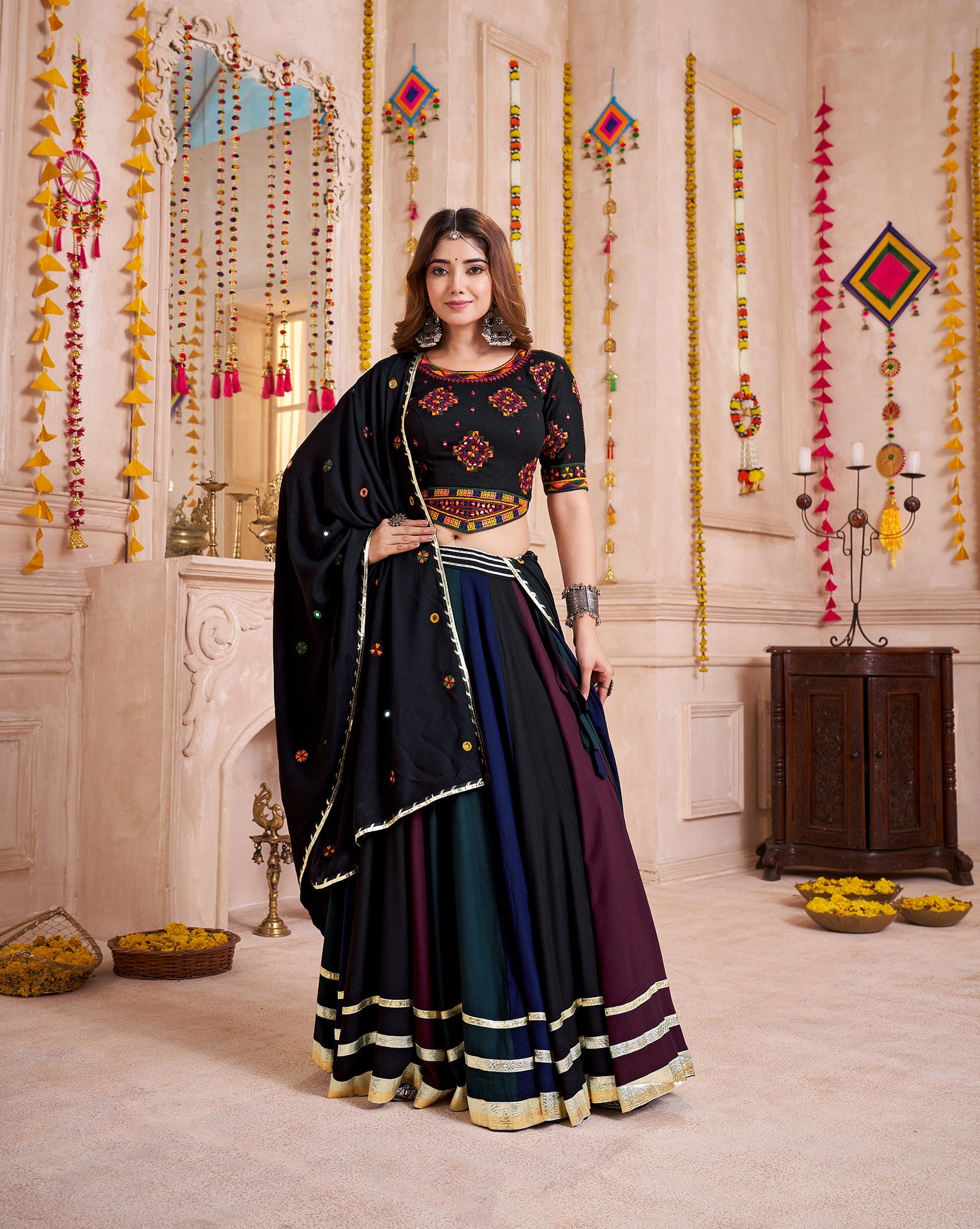 Monjolika Fashion Multi-Color Viscose Cotton Navratri Lehenga Choli With Hand Mirror Work | Grocsy
