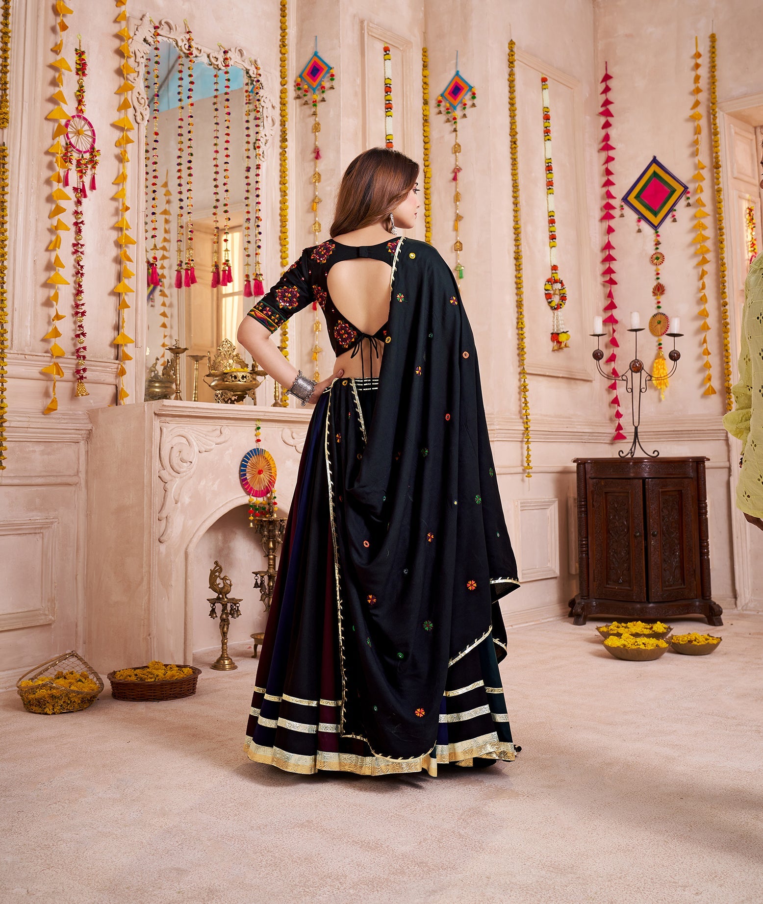 Monjolika Fashion Multi-Color Viscose Cotton Navratri Lehenga Choli With Hand Mirror Work | Grocsy